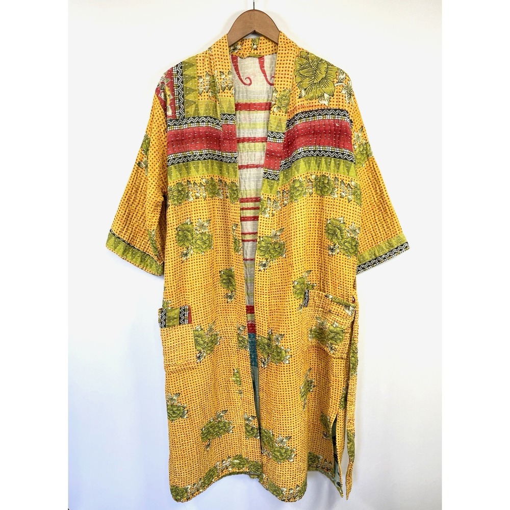 Vintage Kantha Boho Belted Duster Kimono Free Size Long Sleeve Pockets Hippie